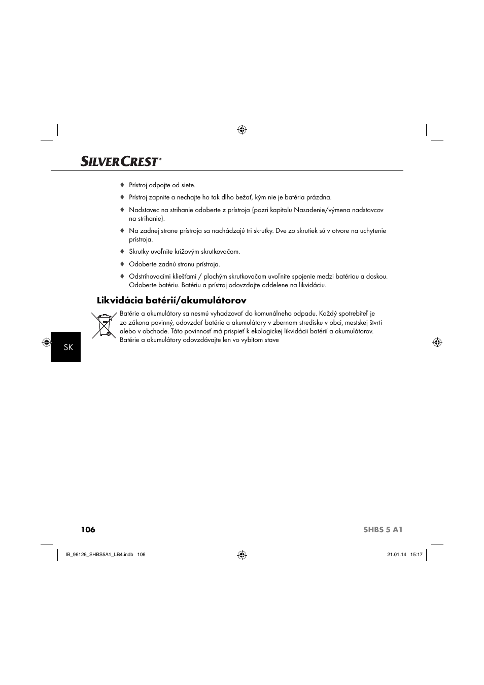Likvidácia batérií/akumulátorov | Silvercrest SHBS 5 A1 User Manual | Page 109 / 130