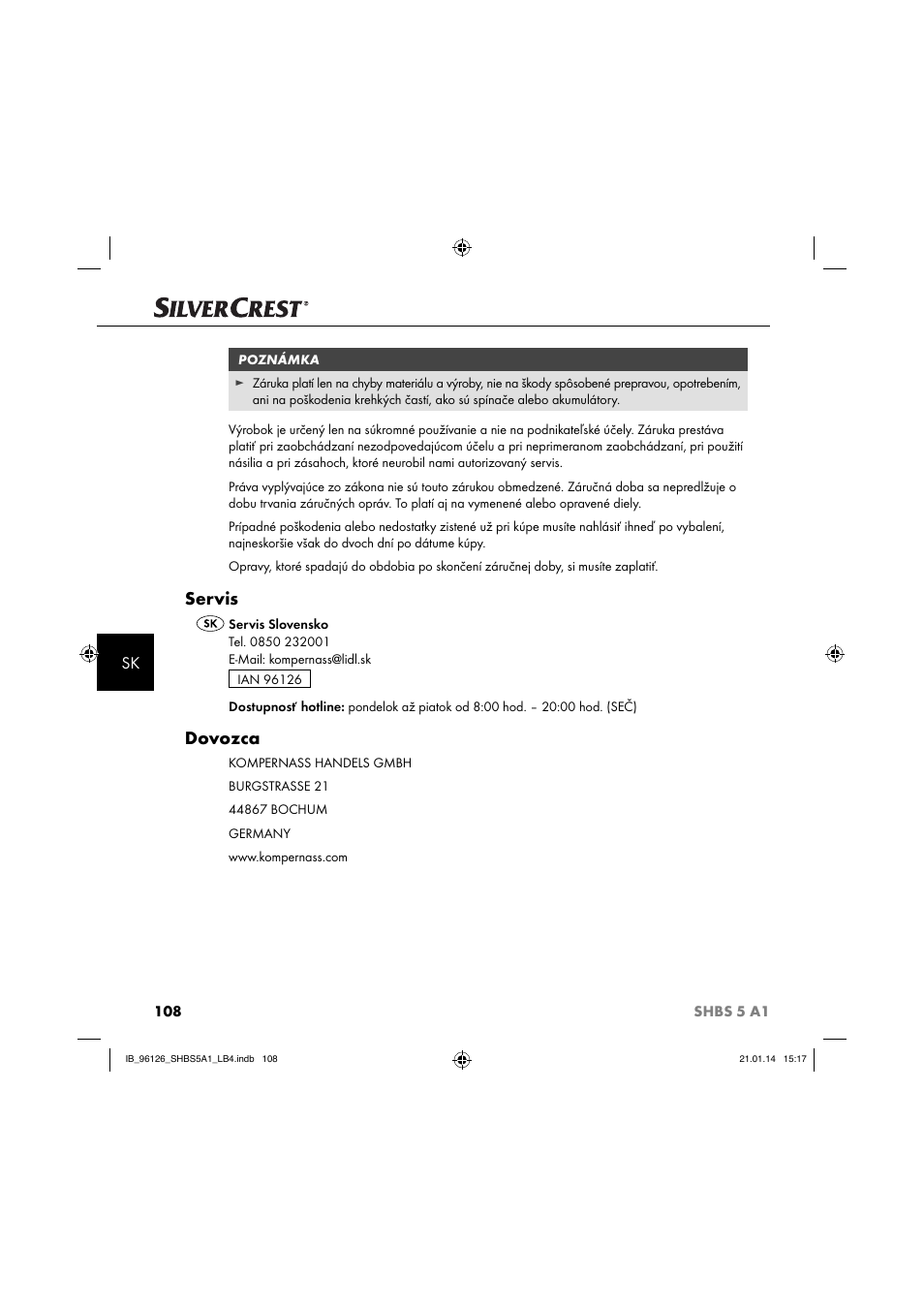 Servis, Dovozca | Silvercrest SHBS 5 A1 User Manual | Page 111 / 130