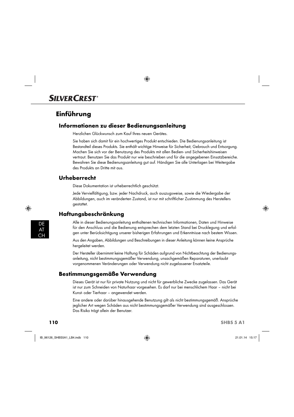Einführung, Informationen zu dieser bedienungsanleitung, Urheberrecht | Haftungsbeschränkung, Bestimmungsgemäße verwendung | Silvercrest SHBS 5 A1 User Manual | Page 113 / 130