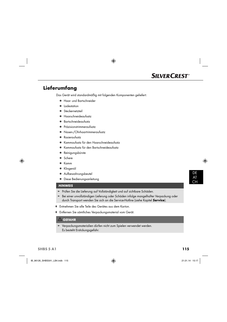 Lieferumfang, De at ch | Silvercrest SHBS 5 A1 User Manual | Page 118 / 130