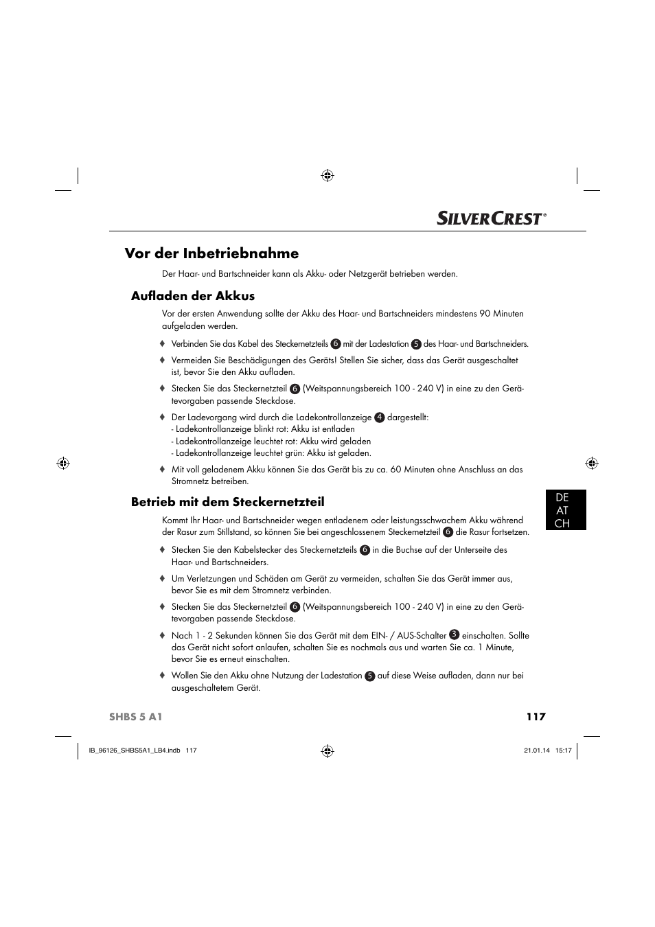 Vor der inbetriebnahme, Auﬂ aden der akkus, Betrieb mit dem steckernetzteil | De at ch | Silvercrest SHBS 5 A1 User Manual | Page 120 / 130