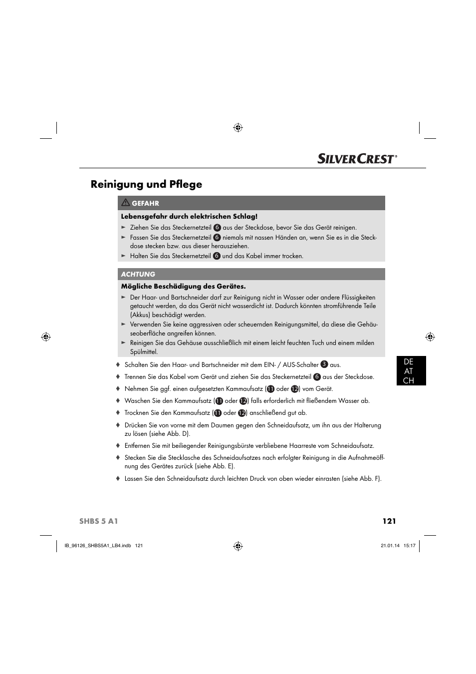Reinigung und pﬂ ege, De at ch | Silvercrest SHBS 5 A1 User Manual | Page 124 / 130