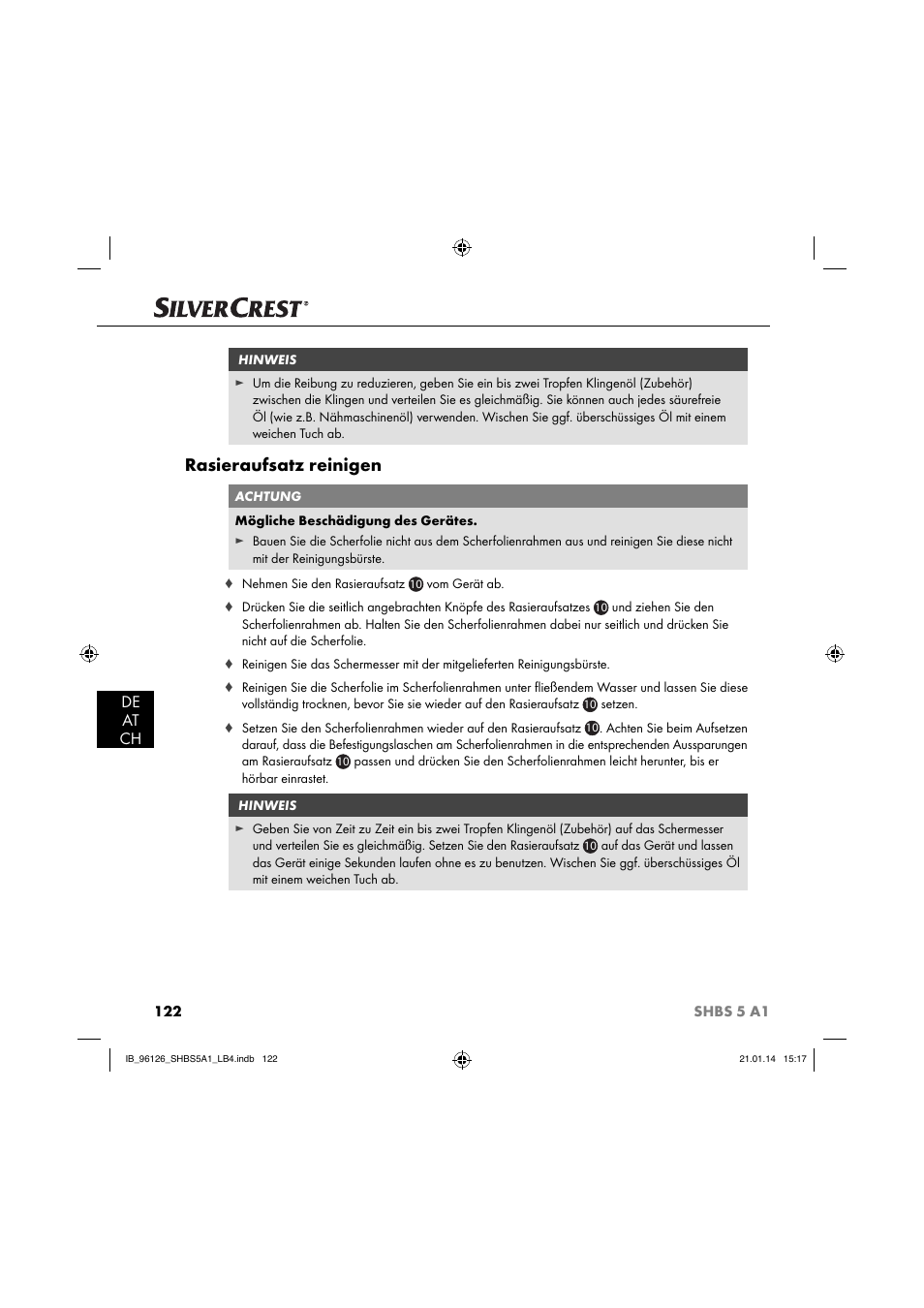 Rasieraufsatz reinigen, De at ch | Silvercrest SHBS 5 A1 User Manual | Page 125 / 130