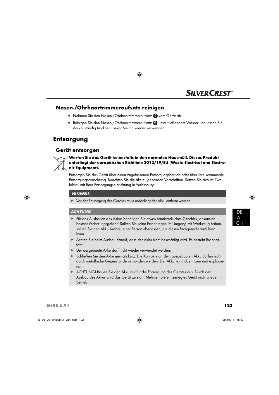 Entsorgung, Nasen-/ohrhaartrimmeraufsatz reinigen, Gerät entsorgen | De at ch | Silvercrest SHBS 5 A1 User Manual | Page 126 / 130