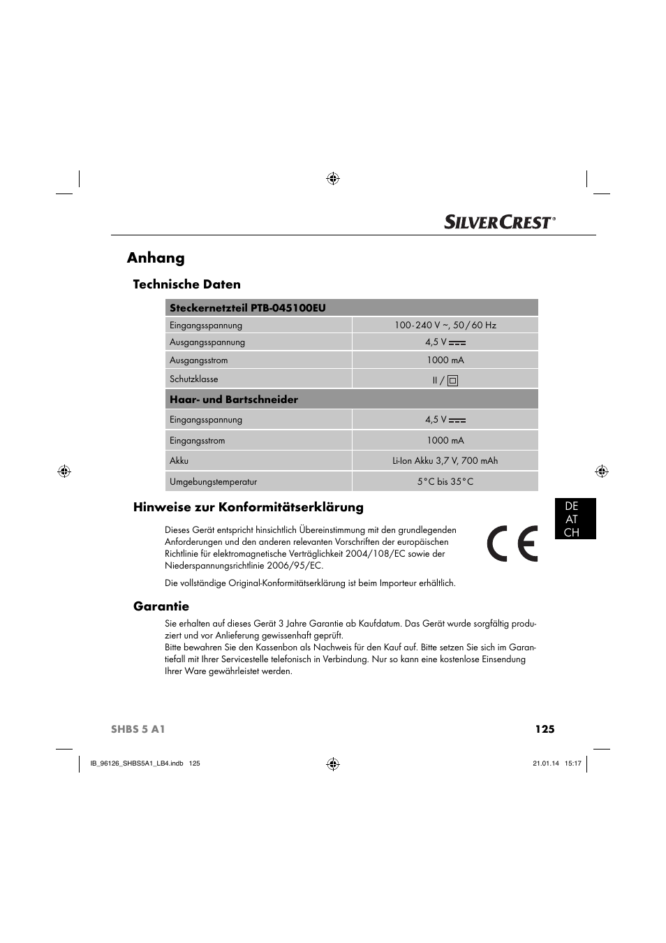 Anhang, Technische daten, Hinweise zur konformitätserklärung | Garantie, De at ch | Silvercrest SHBS 5 A1 User Manual | Page 128 / 130