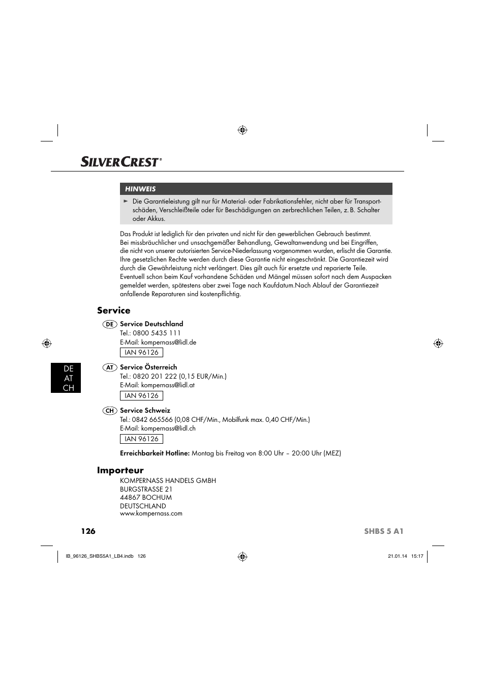 Service, Importeur, De at ch | Silvercrest SHBS 5 A1 User Manual | Page 129 / 130