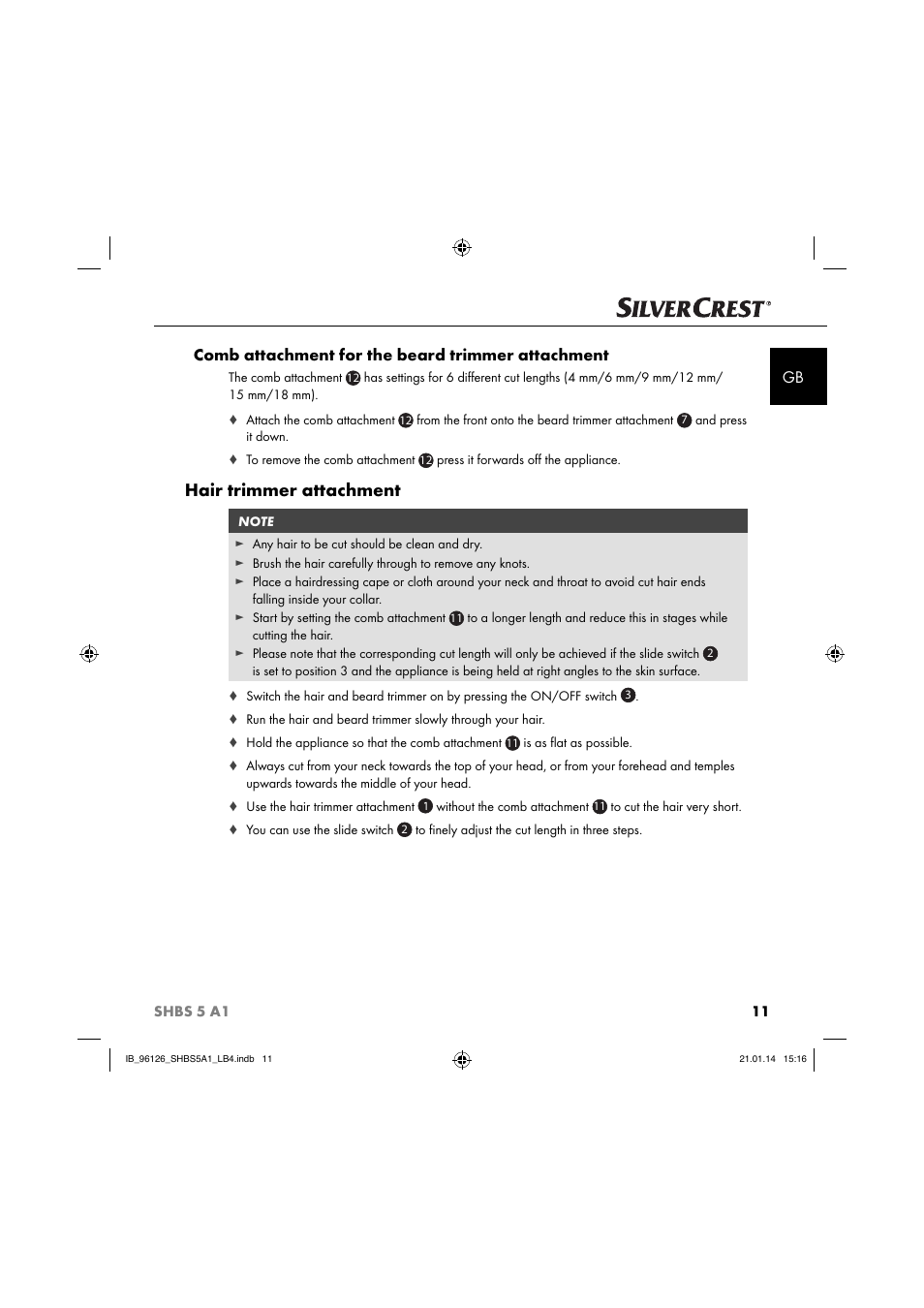 Hair trimmer attachment | Silvercrest SHBS 5 A1 User Manual | Page 14 / 130