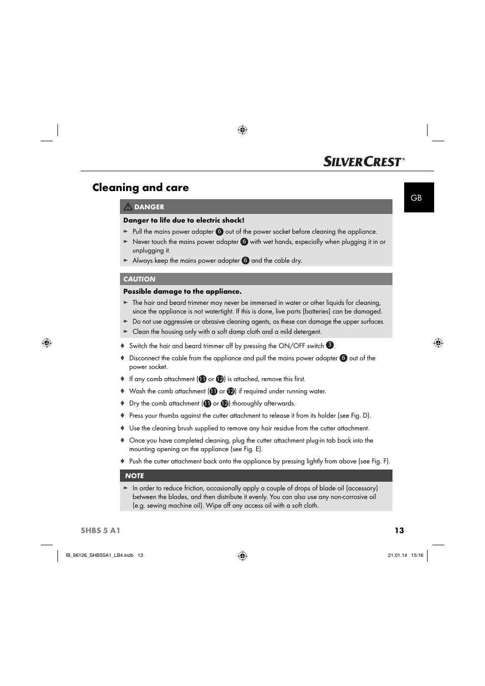 Cleaning and care | Silvercrest SHBS 5 A1 User Manual | Page 16 / 130