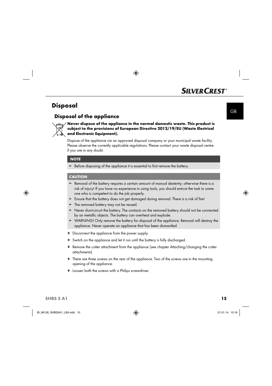 Disposal, Disposal of the appliance | Silvercrest SHBS 5 A1 User Manual | Page 18 / 130