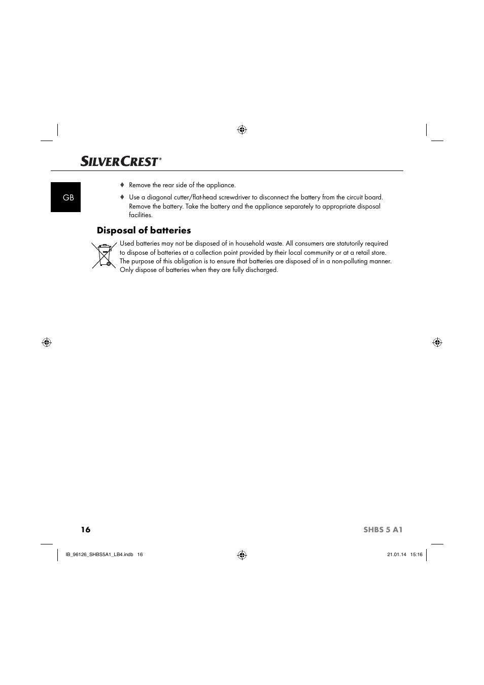 Disposal of batteries | Silvercrest SHBS 5 A1 User Manual | Page 19 / 130