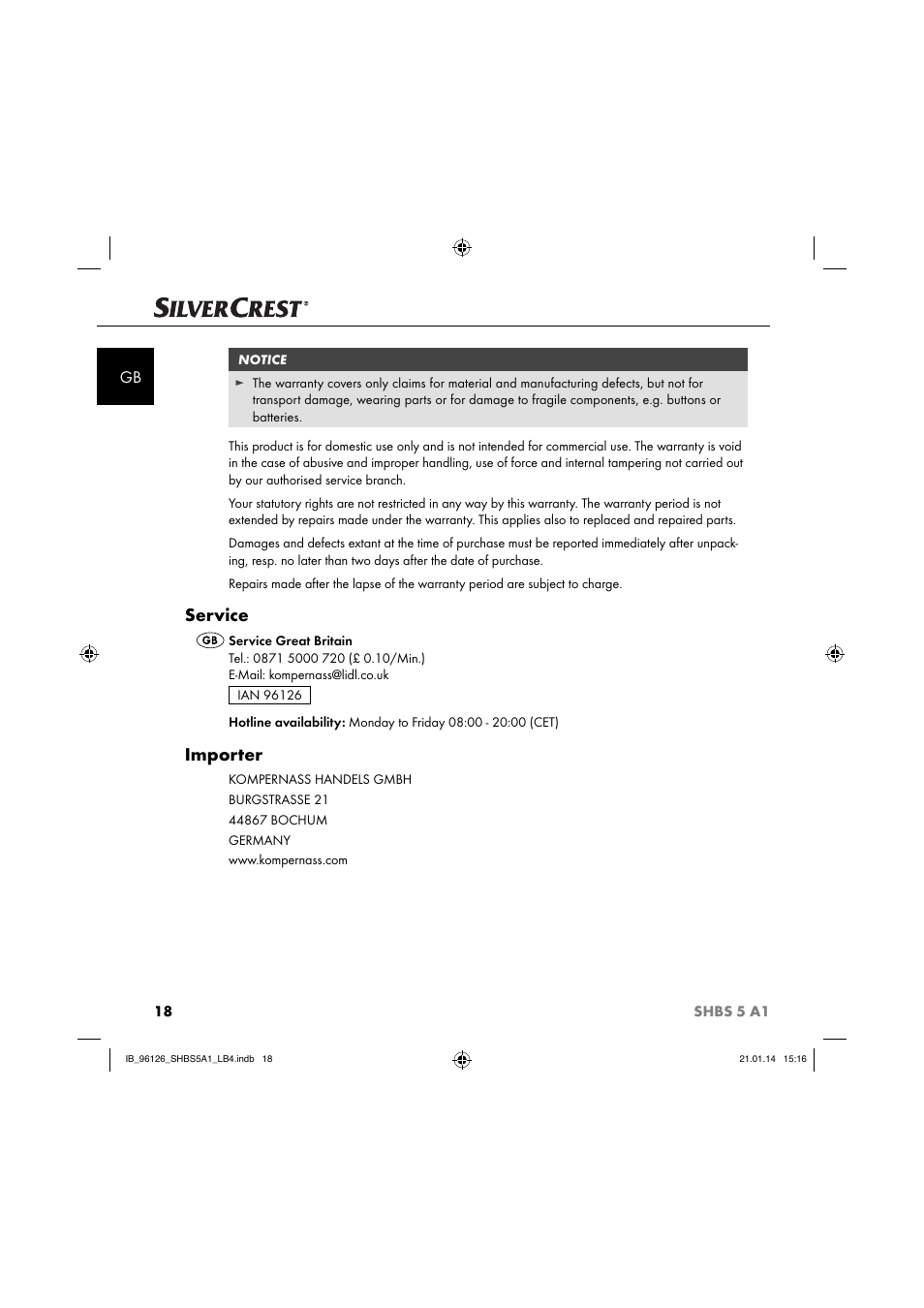 Service, Importer | Silvercrest SHBS 5 A1 User Manual | Page 21 / 130