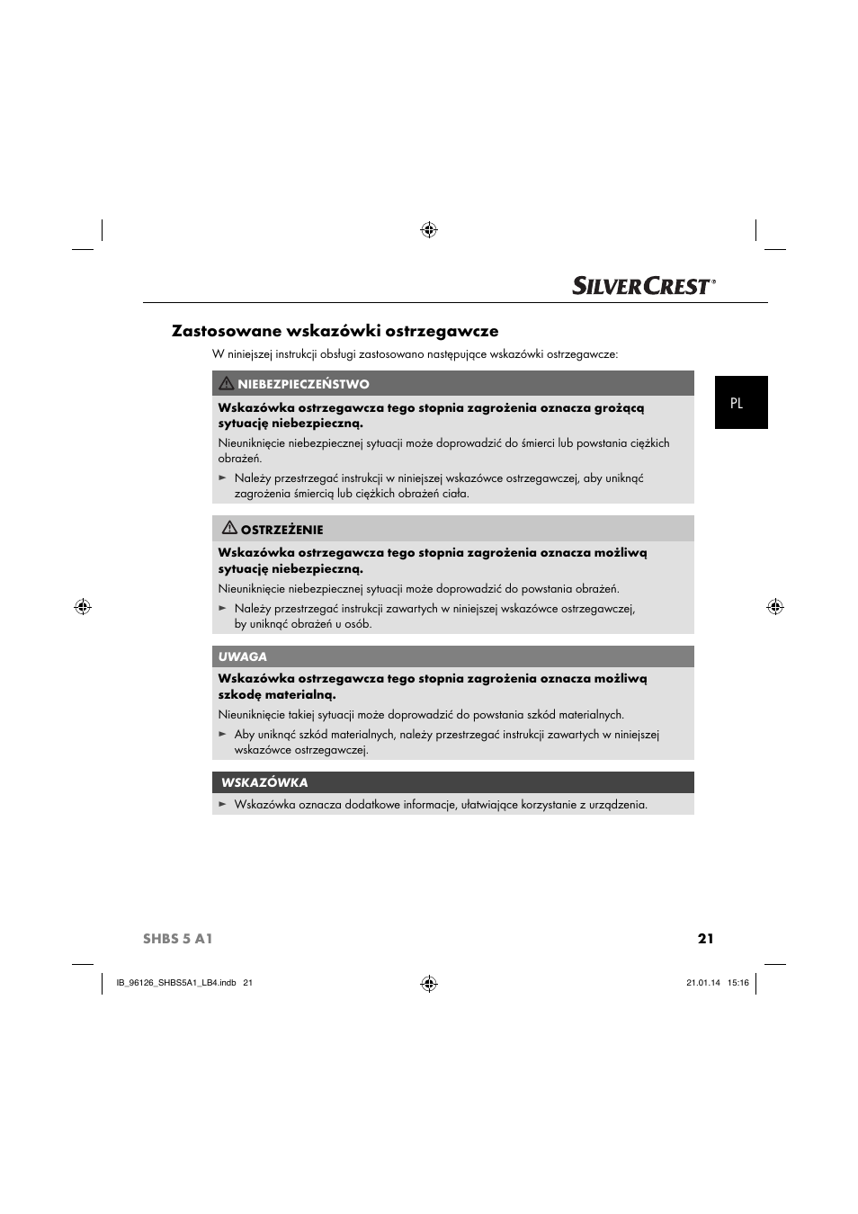 Zastosowane wskazówki ostrzegawcze | Silvercrest SHBS 5 A1 User Manual | Page 24 / 130