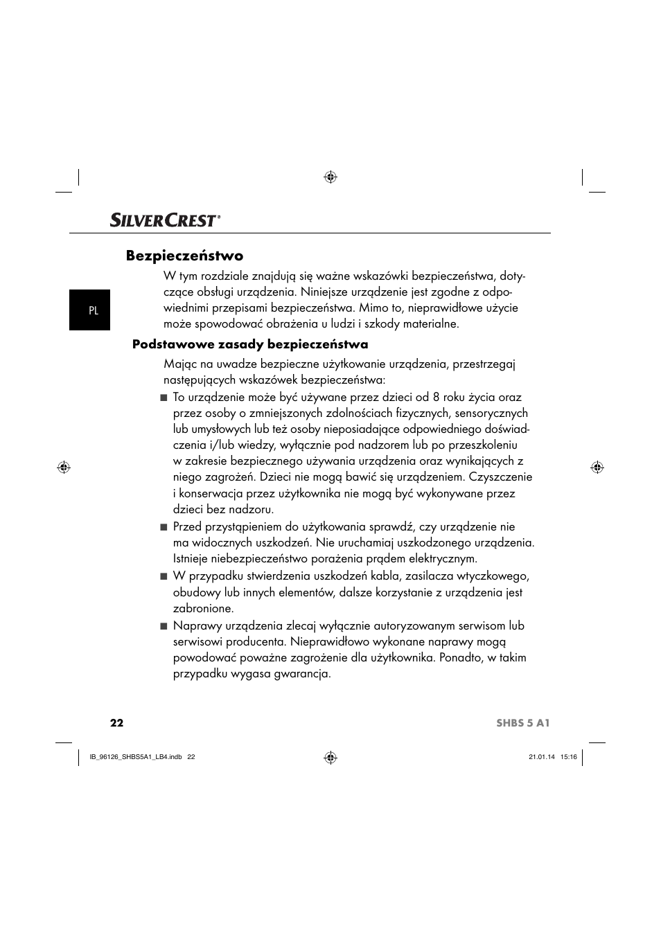 Bezpieczeństwo | Silvercrest SHBS 5 A1 User Manual | Page 25 / 130
