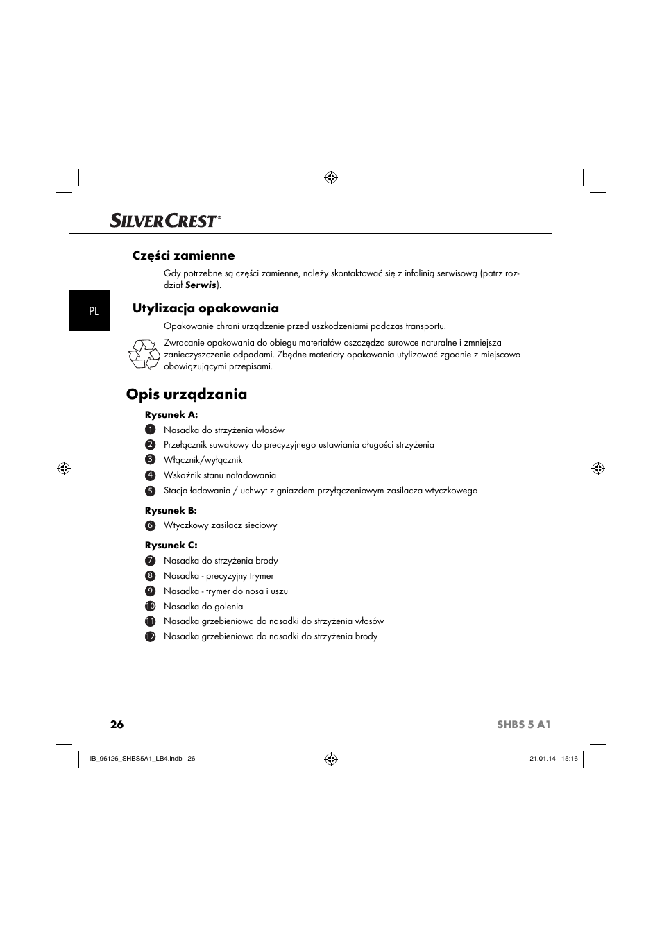 Opis urządzania, Części zamienne, Utylizacja opakowania | Silvercrest SHBS 5 A1 User Manual | Page 29 / 130
