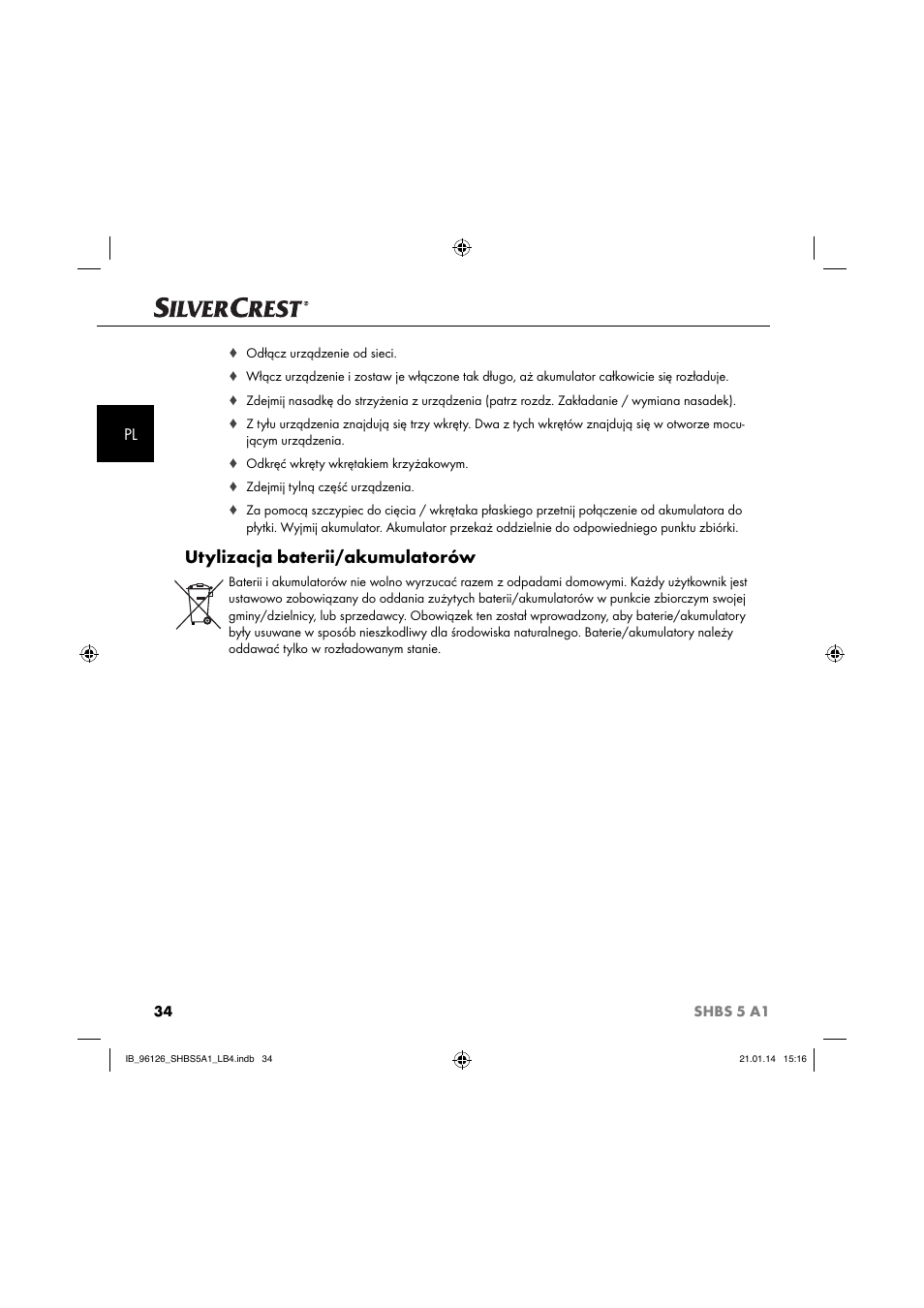 Utylizacja baterii/akumulatorów | Silvercrest SHBS 5 A1 User Manual | Page 37 / 130