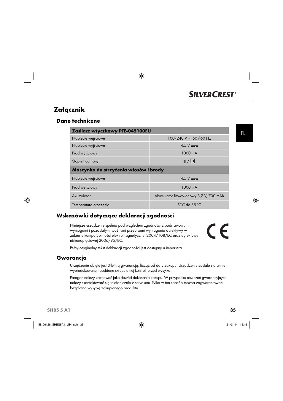 Załącznik, Dane techniczne, Wskazówki dotyczące deklaracji zgodności | Gwarancja | Silvercrest SHBS 5 A1 User Manual | Page 38 / 130
