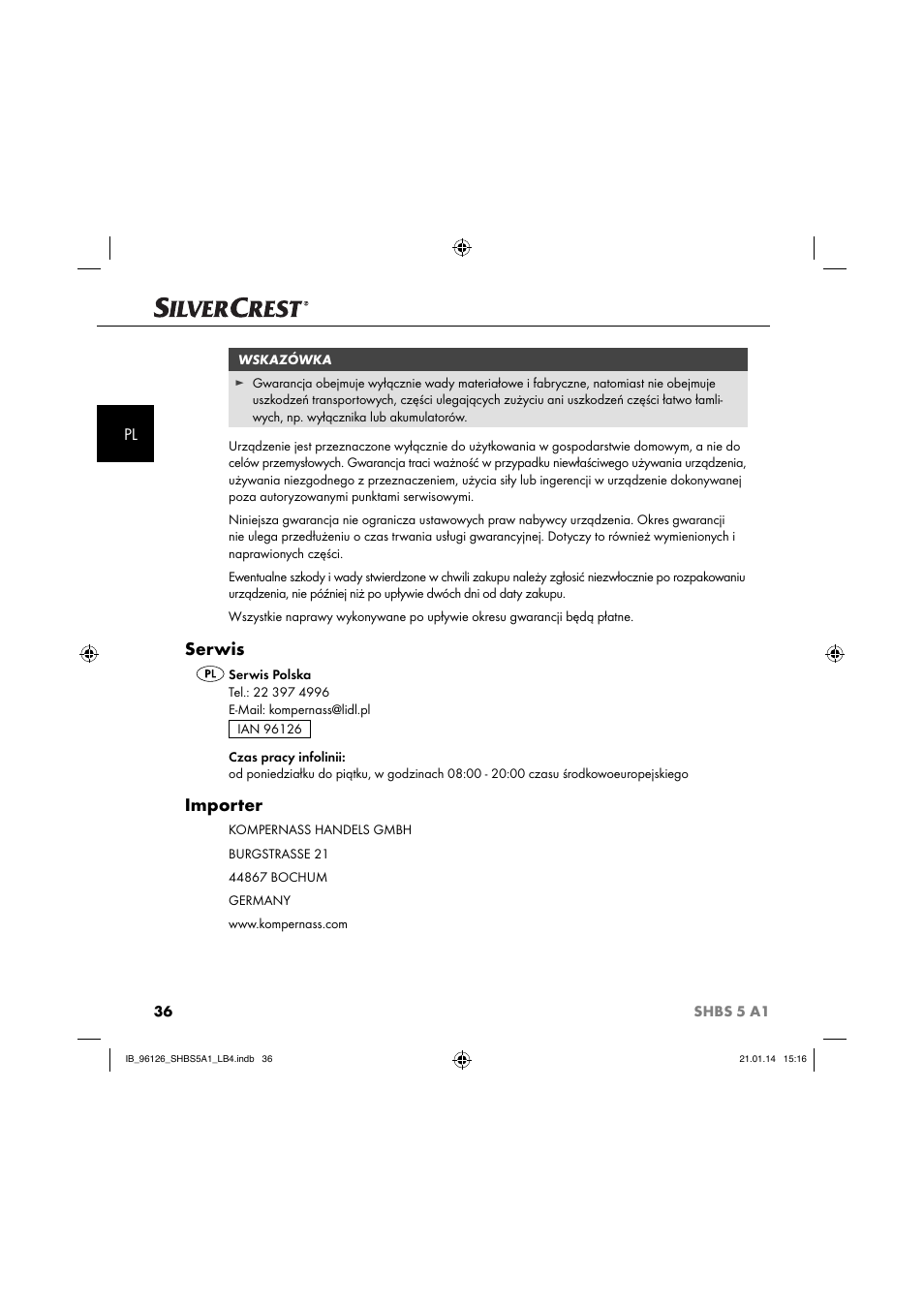 Serwis, Importer | Silvercrest SHBS 5 A1 User Manual | Page 39 / 130