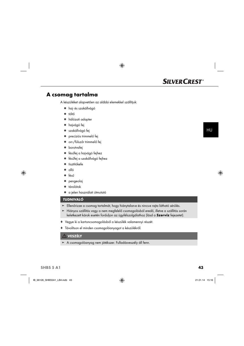 A csomag tartalma | Silvercrest SHBS 5 A1 User Manual | Page 46 / 130