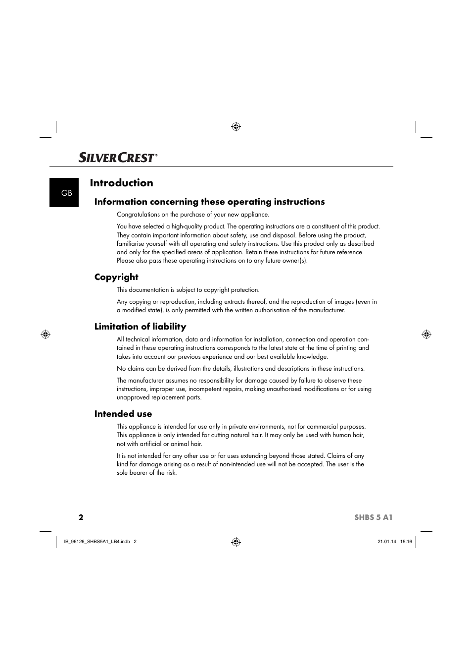 Introduction, Copyright, Limitation of liability | Intended use | Silvercrest SHBS 5 A1 User Manual | Page 5 / 130