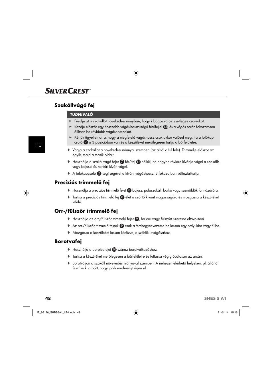 Szakállvágó fej, Precíziós trimmelő fej, Orr-/fülszőr trimmelő fej | Borotvafej | Silvercrest SHBS 5 A1 User Manual | Page 51 / 130