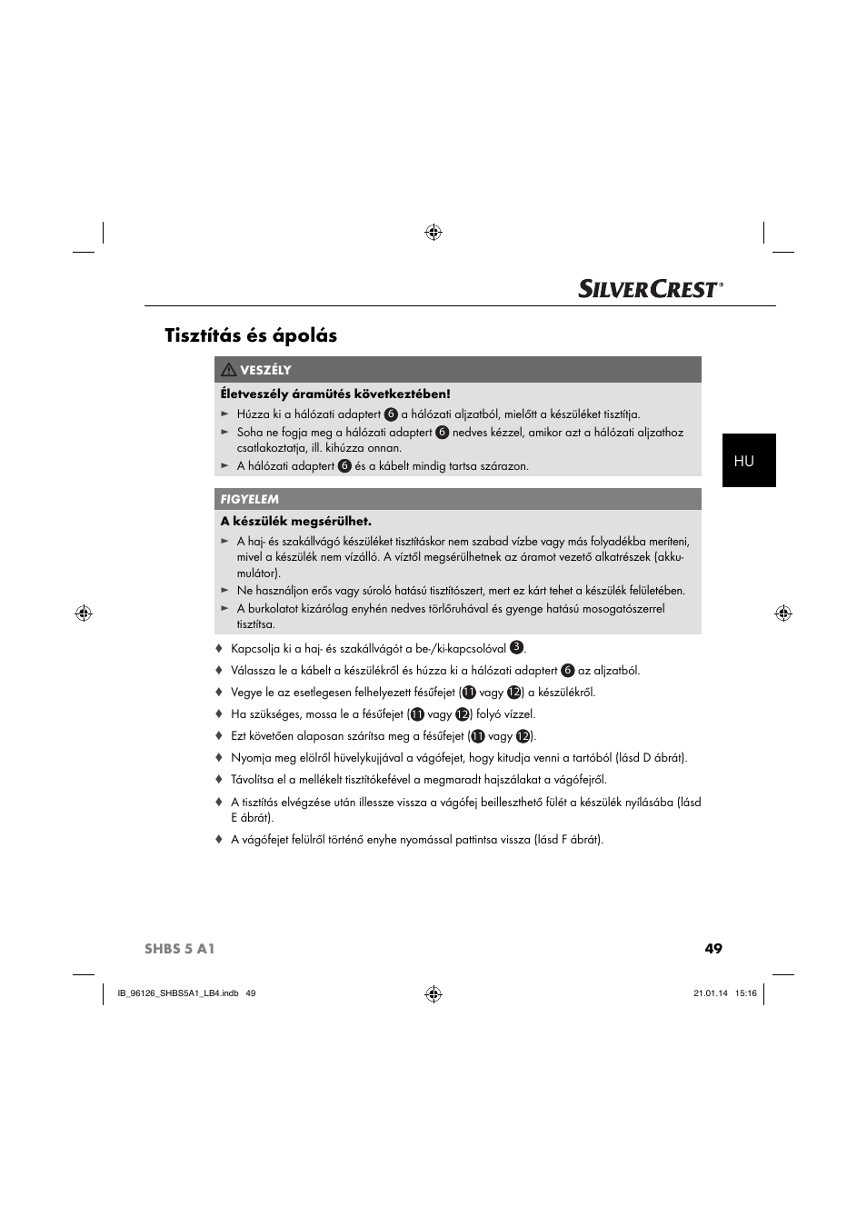 Tisztítás és ápolás | Silvercrest SHBS 5 A1 User Manual | Page 52 / 130