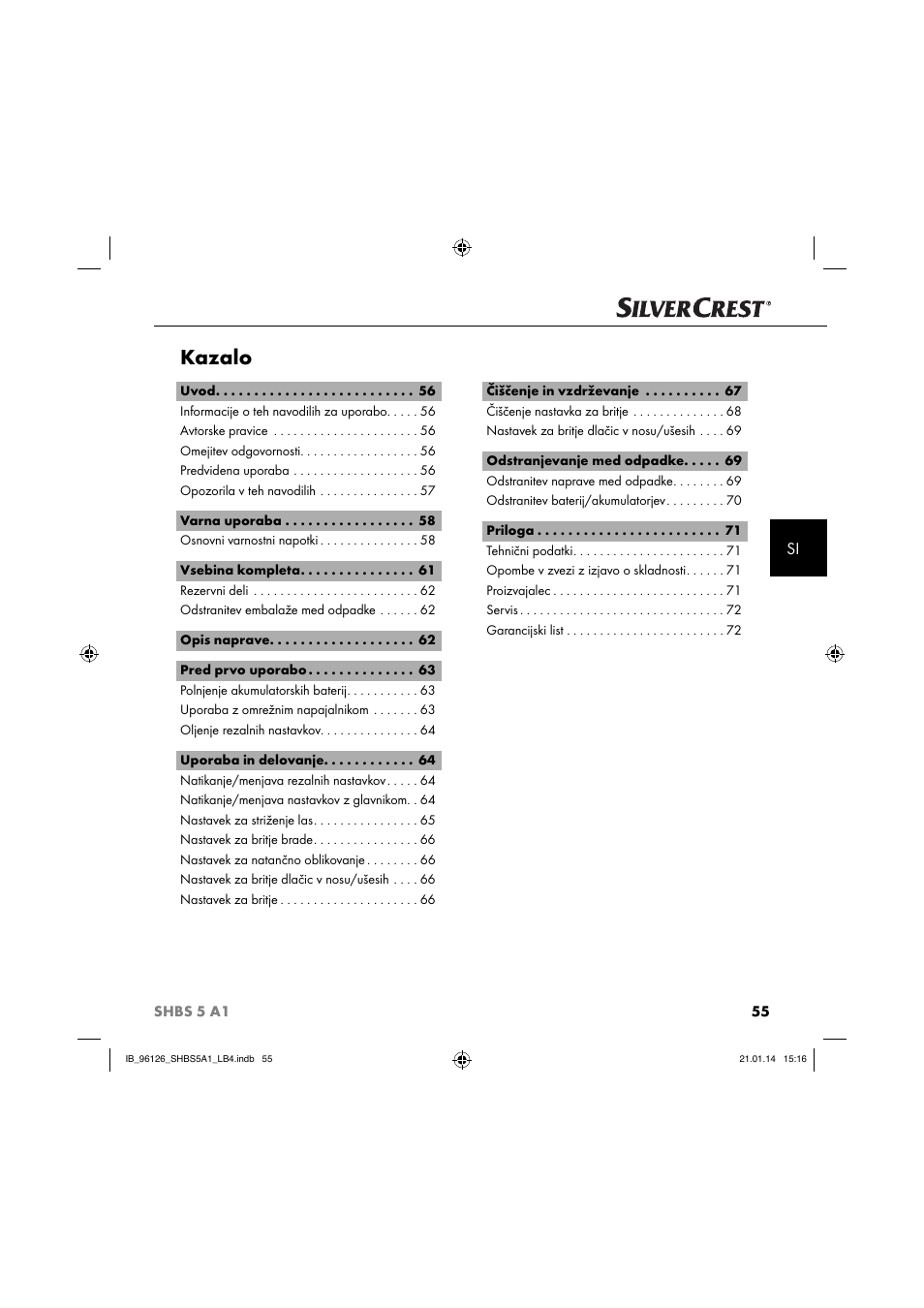Kazalo | Silvercrest SHBS 5 A1 User Manual | Page 58 / 130