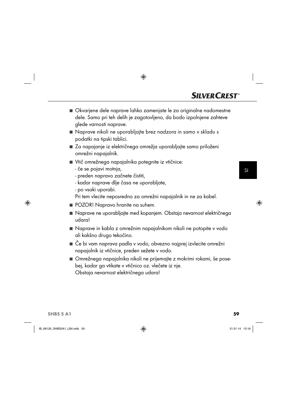 Pozor! napravo hranite na suhem | Silvercrest SHBS 5 A1 User Manual | Page 62 / 130