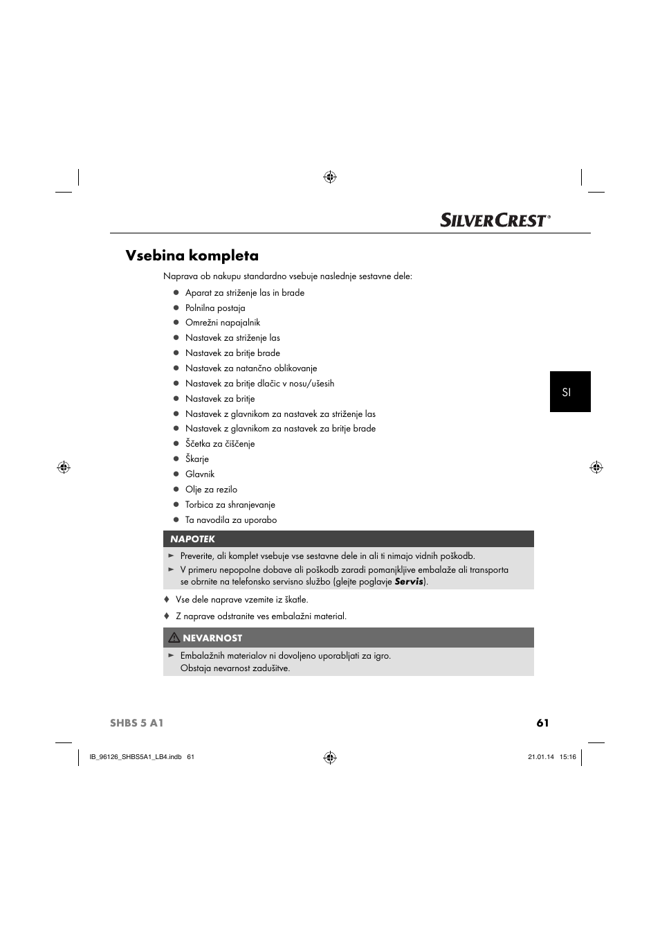Vsebina kompleta | Silvercrest SHBS 5 A1 User Manual | Page 64 / 130
