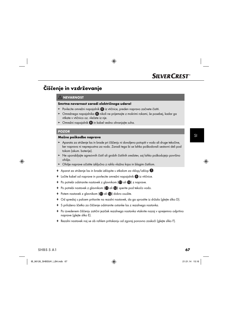 Čiščenje in vzdrževanje | Silvercrest SHBS 5 A1 User Manual | Page 70 / 130