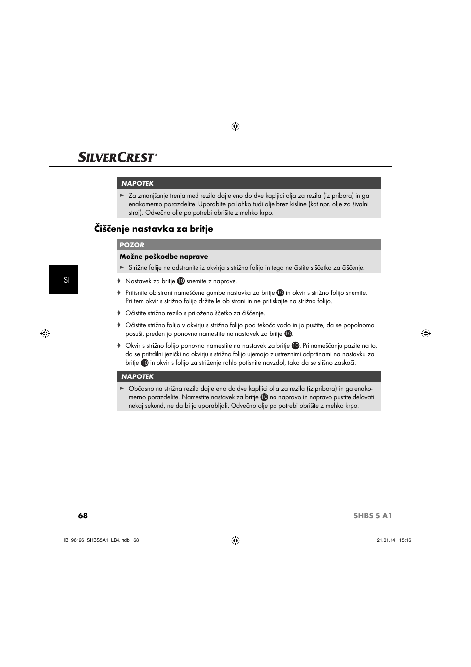 Čiščenje nastavka za britje | Silvercrest SHBS 5 A1 User Manual | Page 71 / 130