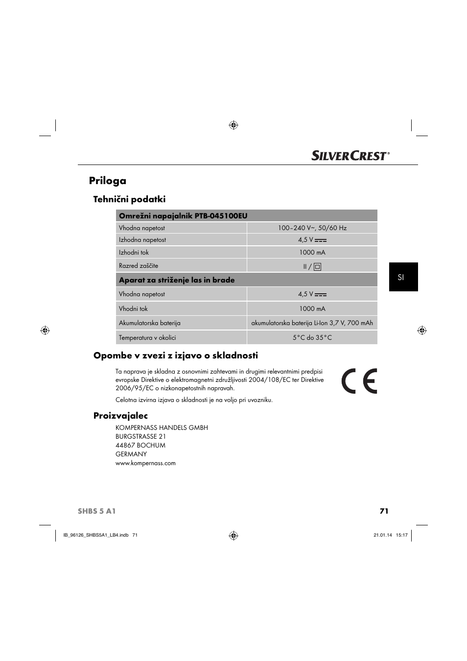 Priloga, Tehnični podatki, Opombe v zvezi z izjavo o skladnosti | Proizvajalec | Silvercrest SHBS 5 A1 User Manual | Page 74 / 130