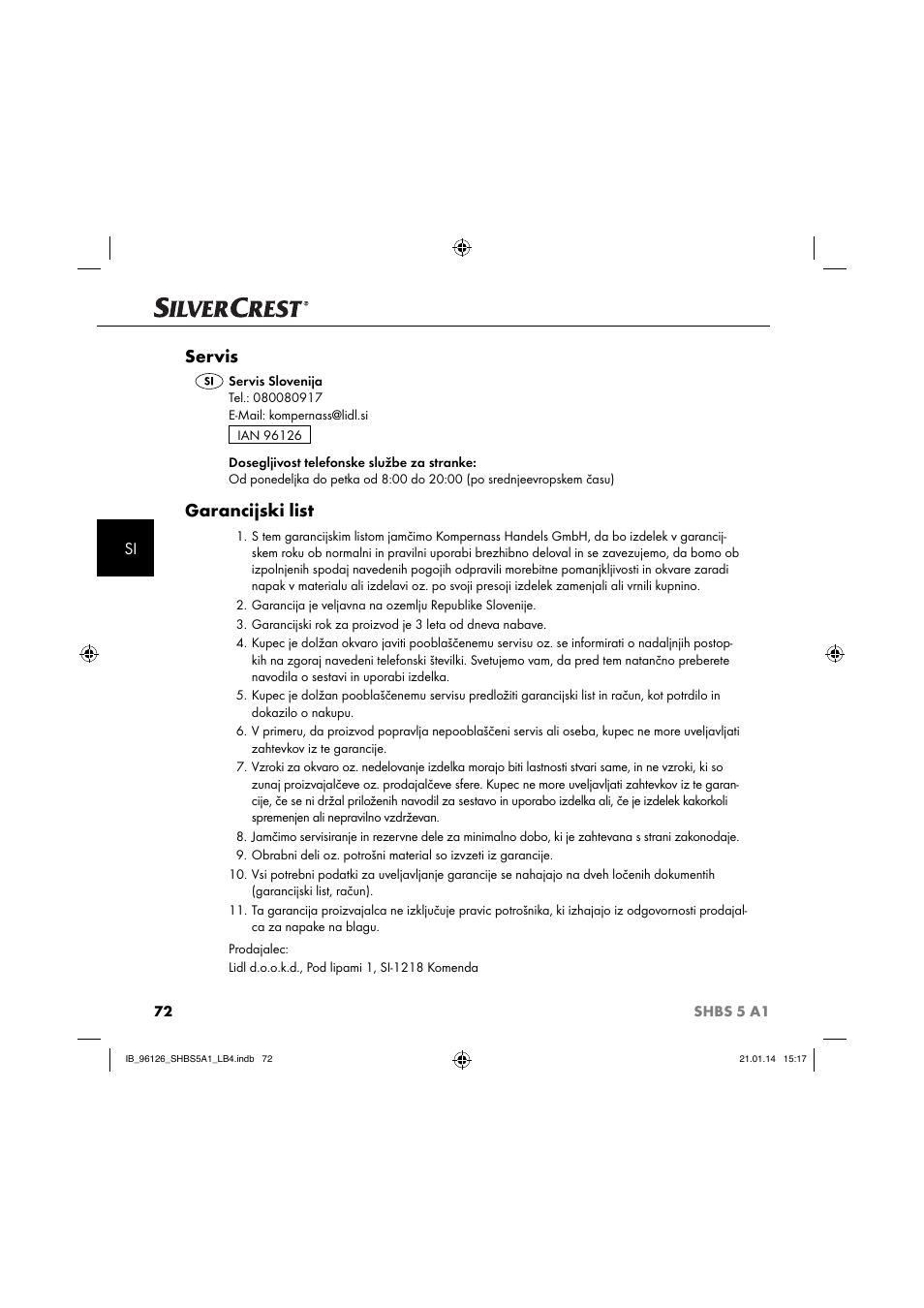 Servis, Garancijski list | Silvercrest SHBS 5 A1 User Manual | Page 75 / 130