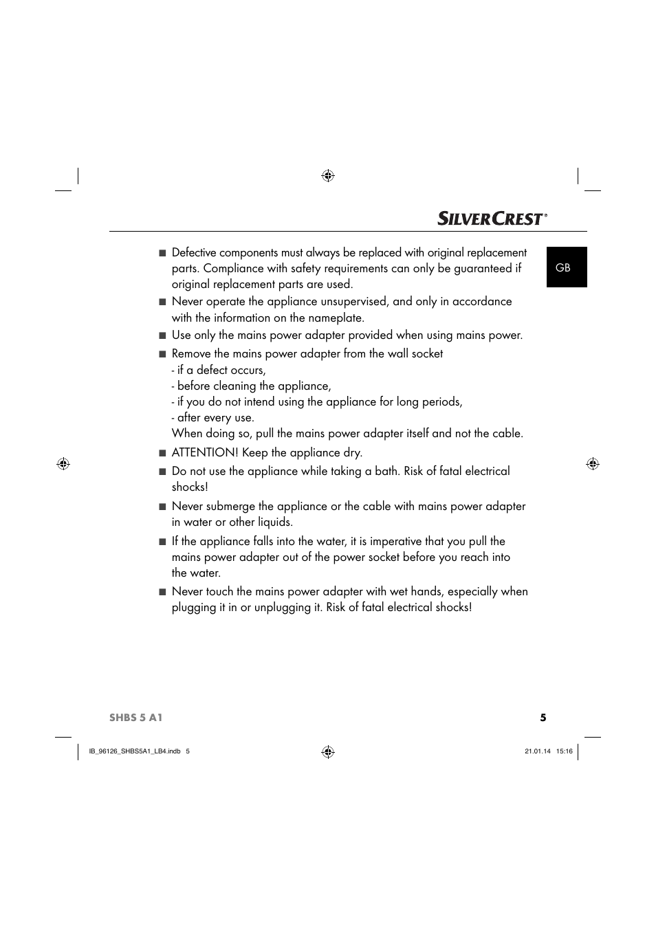 Attention! keep the appliance dry | Silvercrest SHBS 5 A1 User Manual | Page 8 / 130