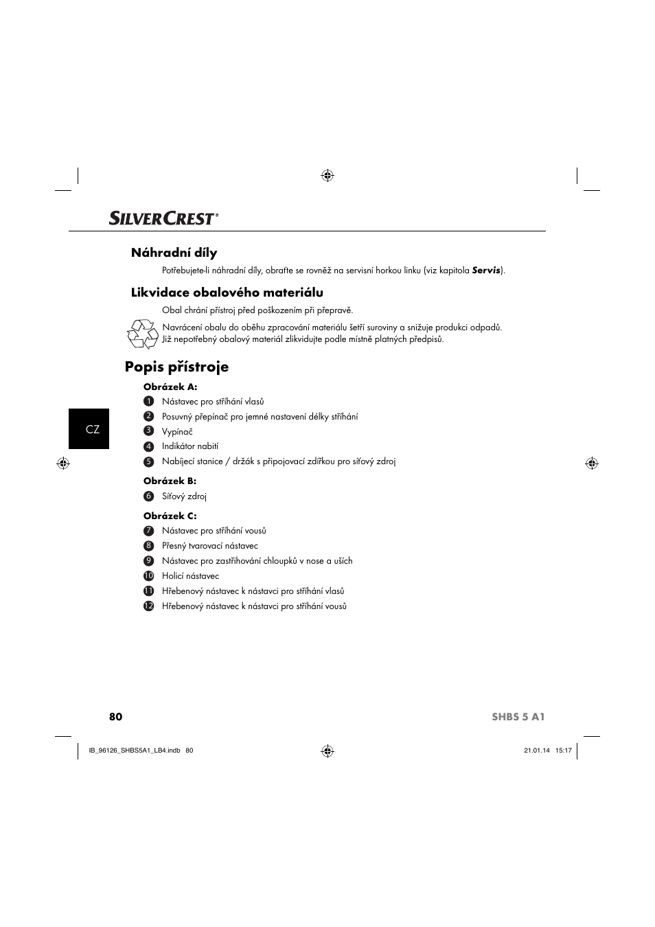 Popis přístroje, Náhradní díly, Likvidace obalového materiálu | Silvercrest SHBS 5 A1 User Manual | Page 83 / 130