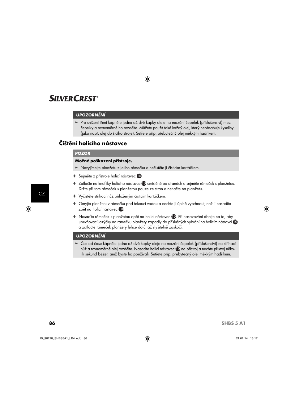 Čištění holicího nástavce | Silvercrest SHBS 5 A1 User Manual | Page 89 / 130
