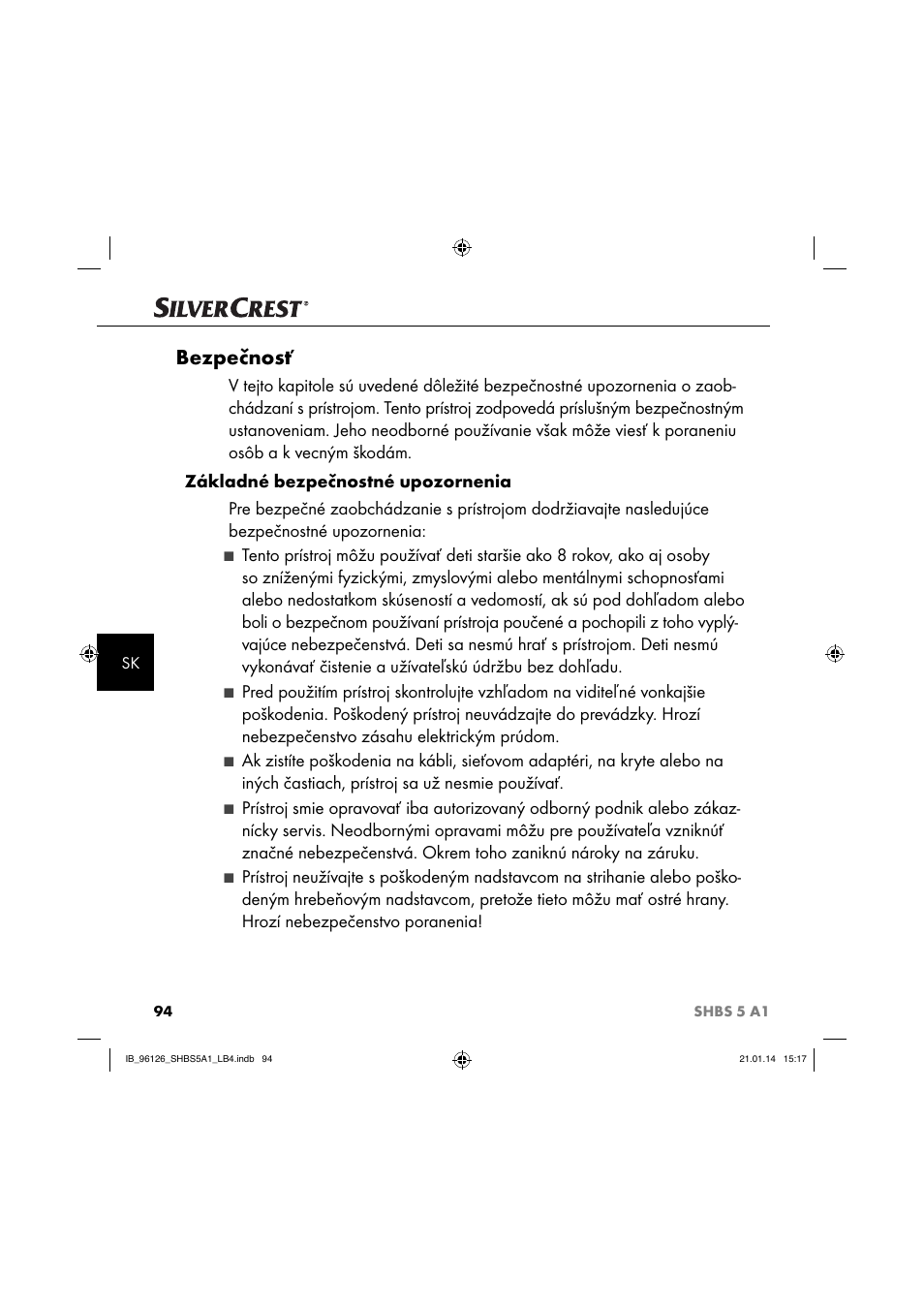 Bezpečnosť | Silvercrest SHBS 5 A1 User Manual | Page 97 / 130