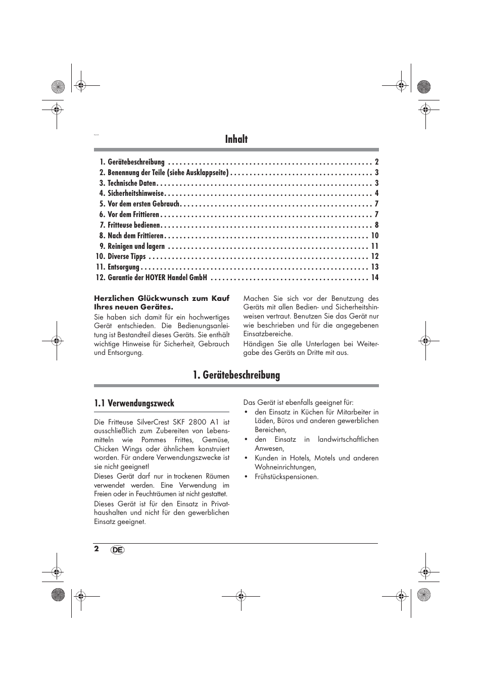 Inhalt, Gerätebeschreibung, 1 verwendungszweck | Silvercrest SKF 2800 A1 User Manual | Page 4 / 74