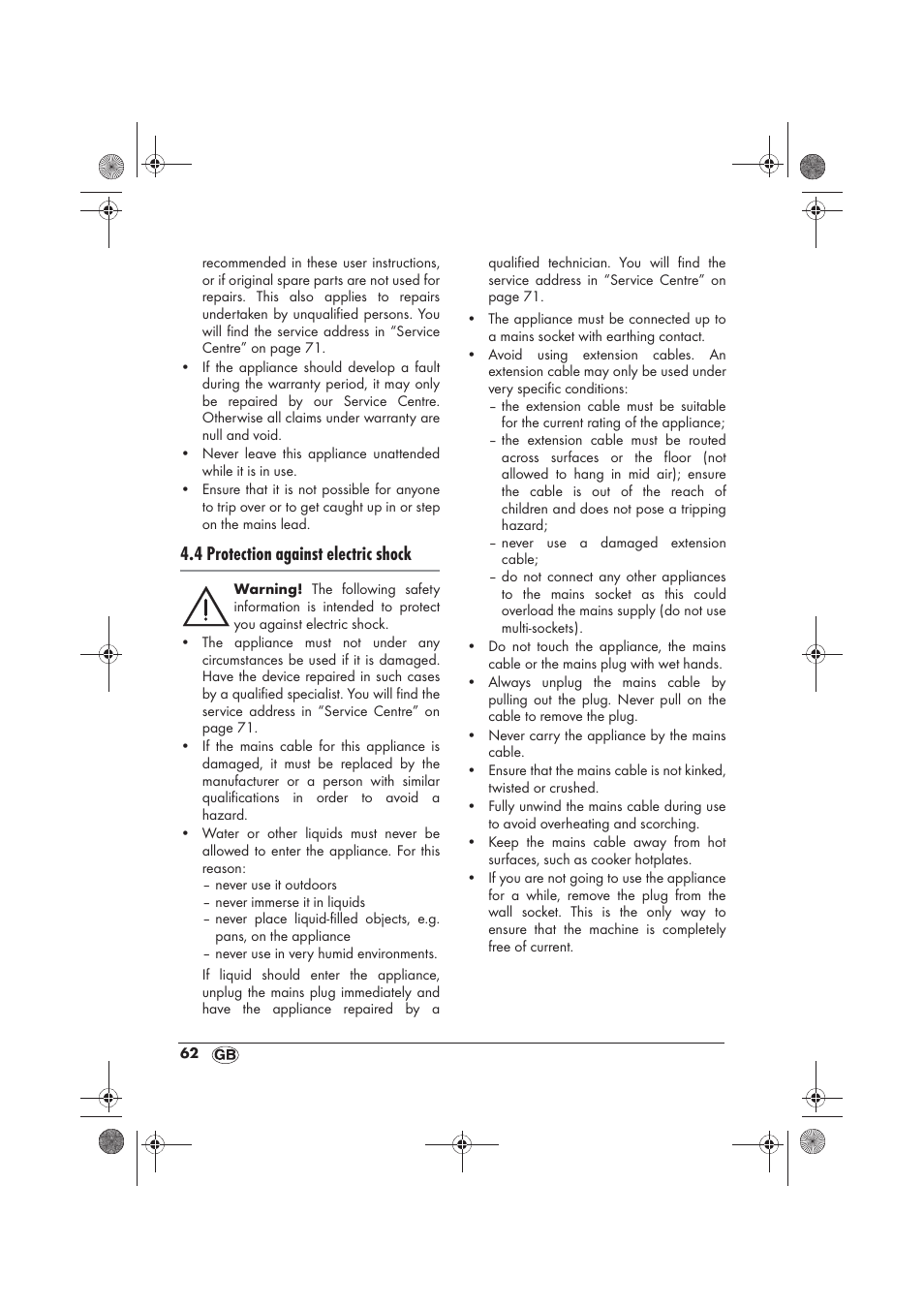 4 protection against electric shock | Silvercrest SKF 2800 A1 User Manual | Page 64 / 74