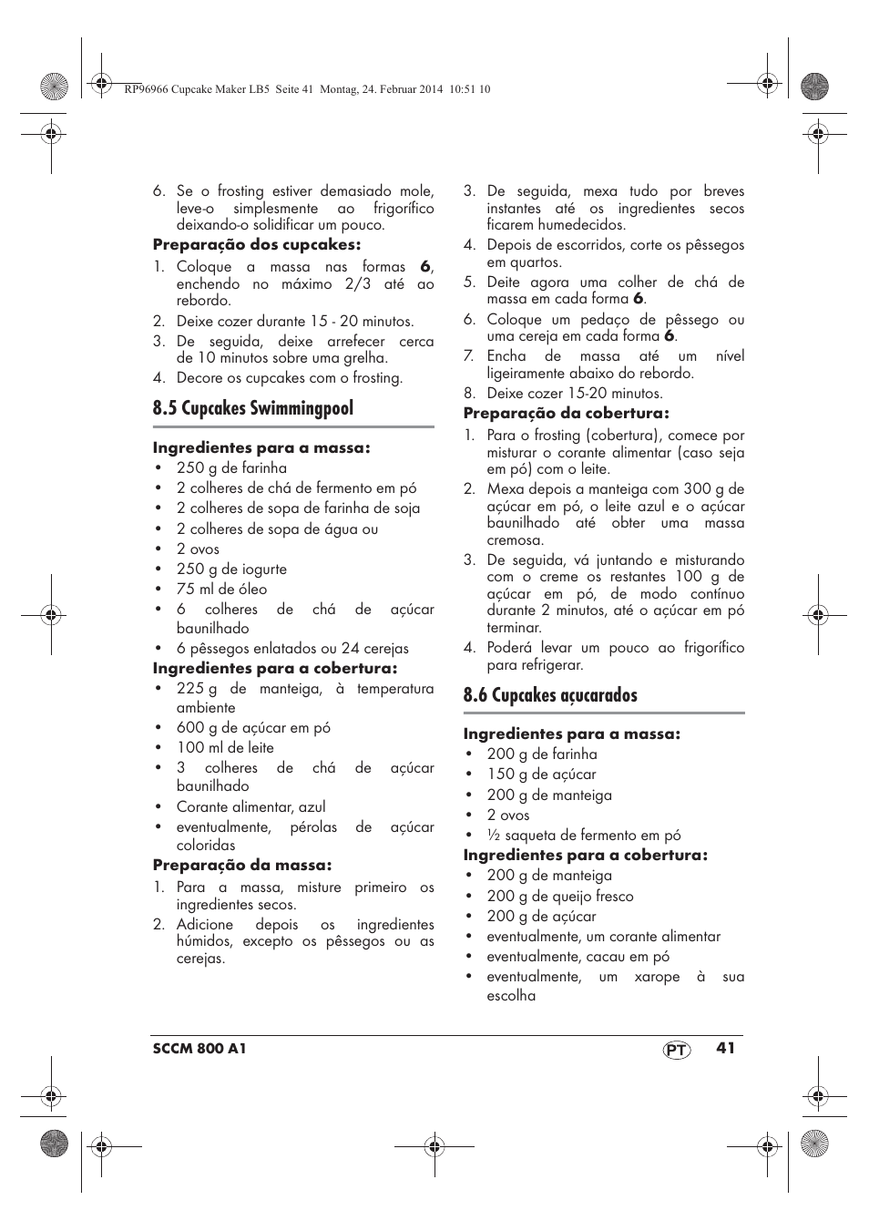 5 cupcakes swimmingpool, 6 cupcakes açucarados | Silvercrest SCCM 800 A1 User Manual | Page 43 / 78