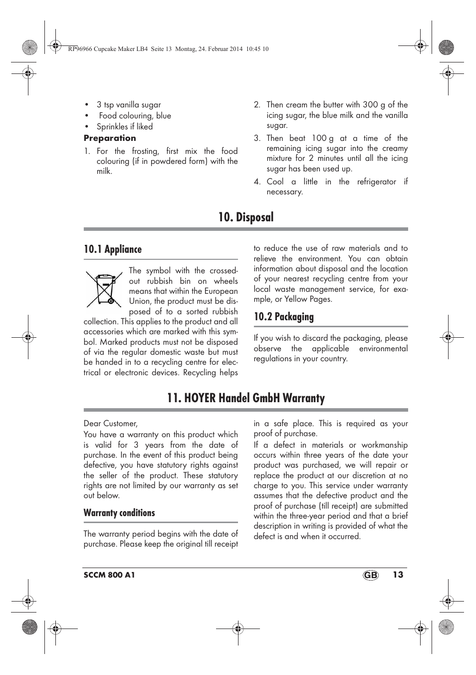 Disposal, Hoyer handel gmbh warranty, 1 appliance | 2 packaging | Silvercrest SCCM 800 A1 User Manual | Page 15 / 102