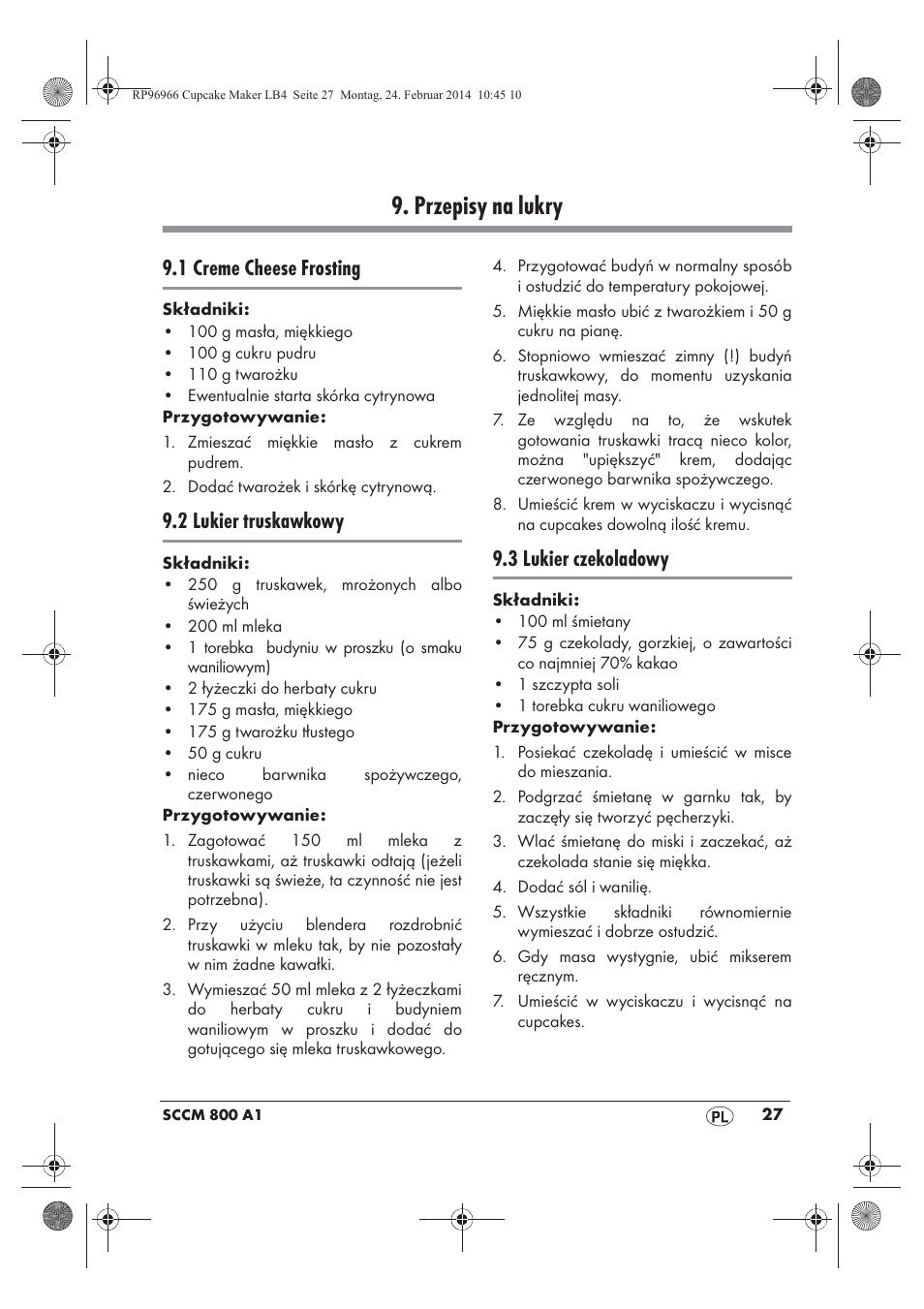 Przepisy na lukry, 1 creme cheese frosting, 2 lukier truskawkowy | 3 lukier czekoladowy | Silvercrest SCCM 800 A1 User Manual | Page 29 / 102