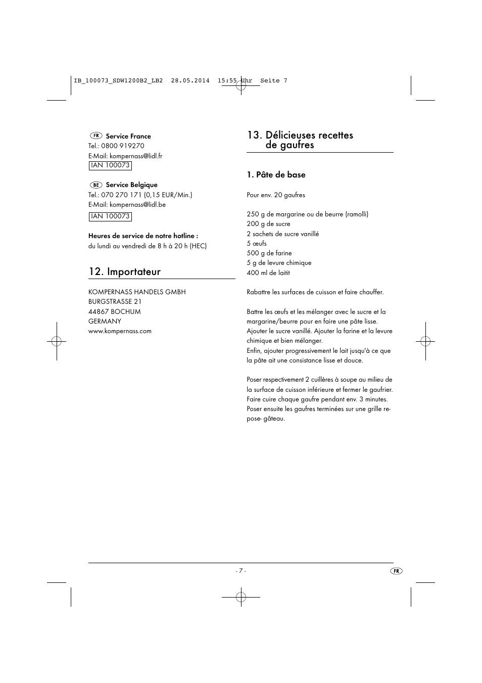 Importateur, Délicieuses recettes de gaufres | Silvercrest SDW 1200 B2 User Manual | Page 10 / 33
