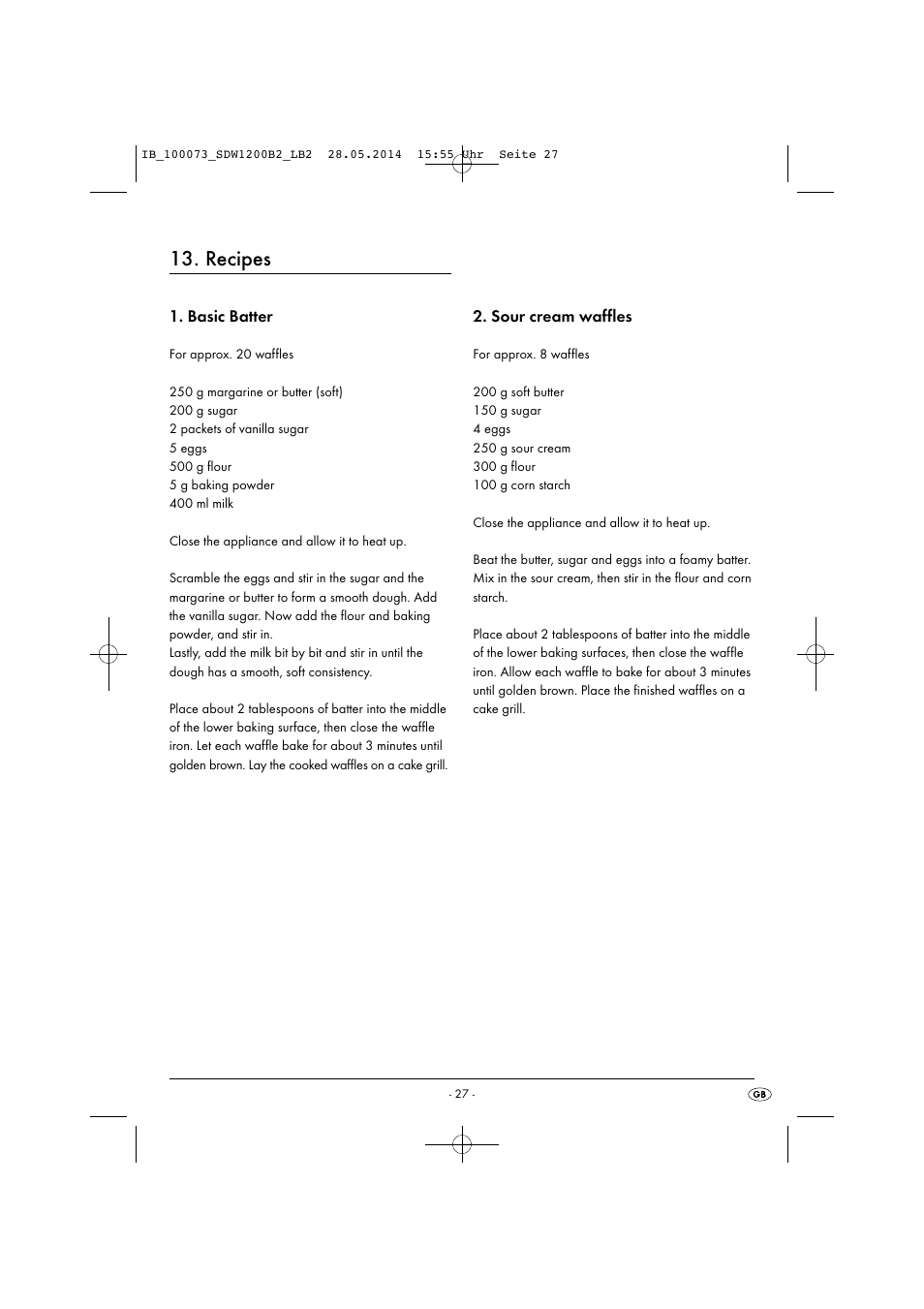Recipes, Basic batter, Sour cream waffles | Silvercrest SDW 1200 B2 User Manual | Page 30 / 33