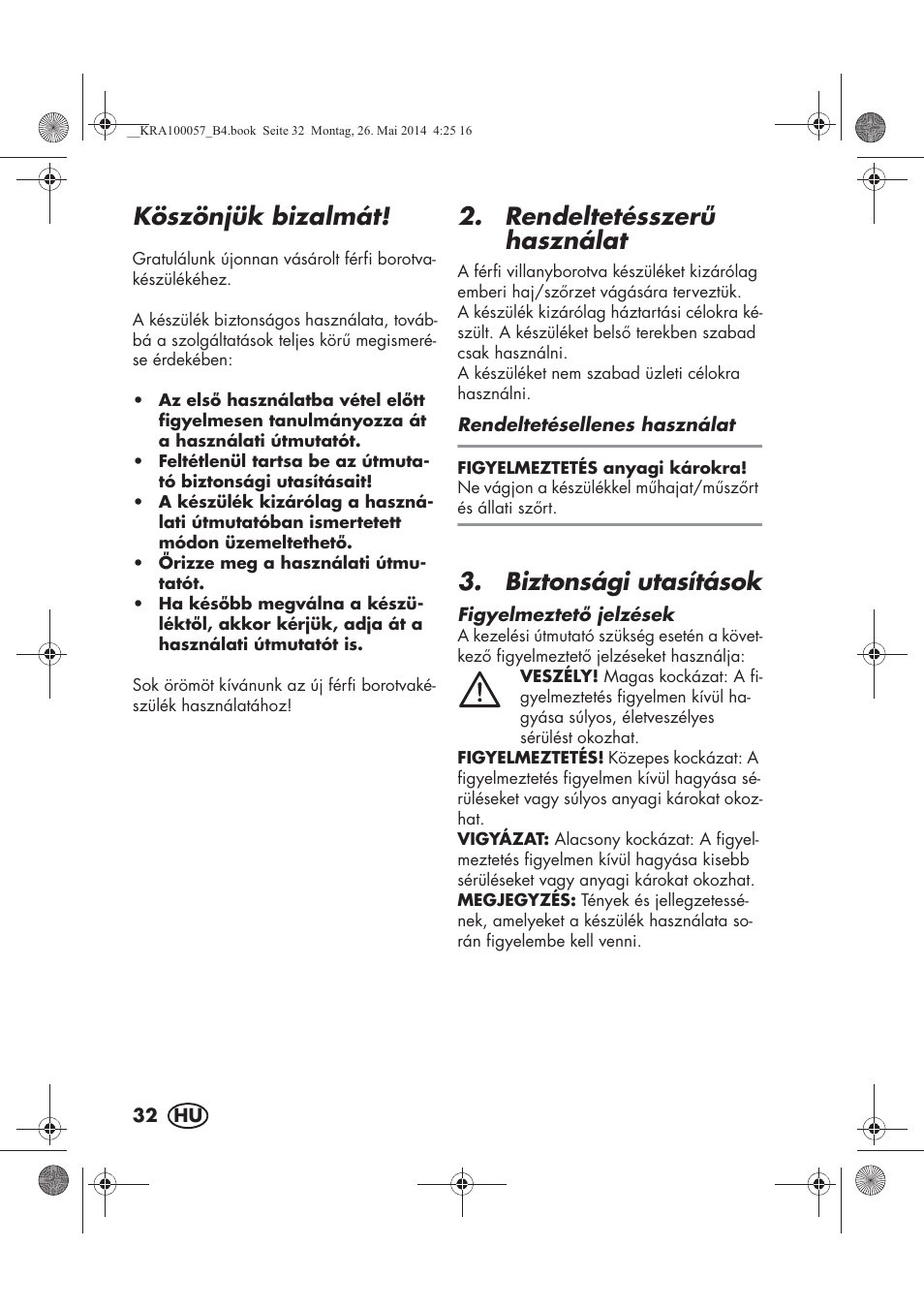 Köszönjük bizalmát, Rendeltetésszer használat, Biztonsági utasítások | Silvercrest SFR 36 A1 User Manual | Page 34 / 102