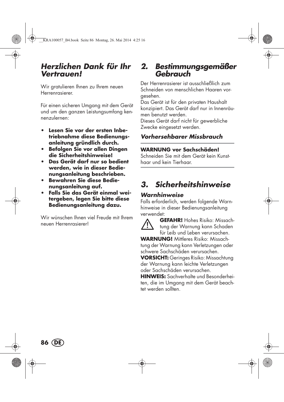 Herzlichen dank für ihr vertrauen, Bestimmungsgemäßer gebrauch, Sicherheitshinweise | Silvercrest SFR 36 A1 User Manual | Page 88 / 102