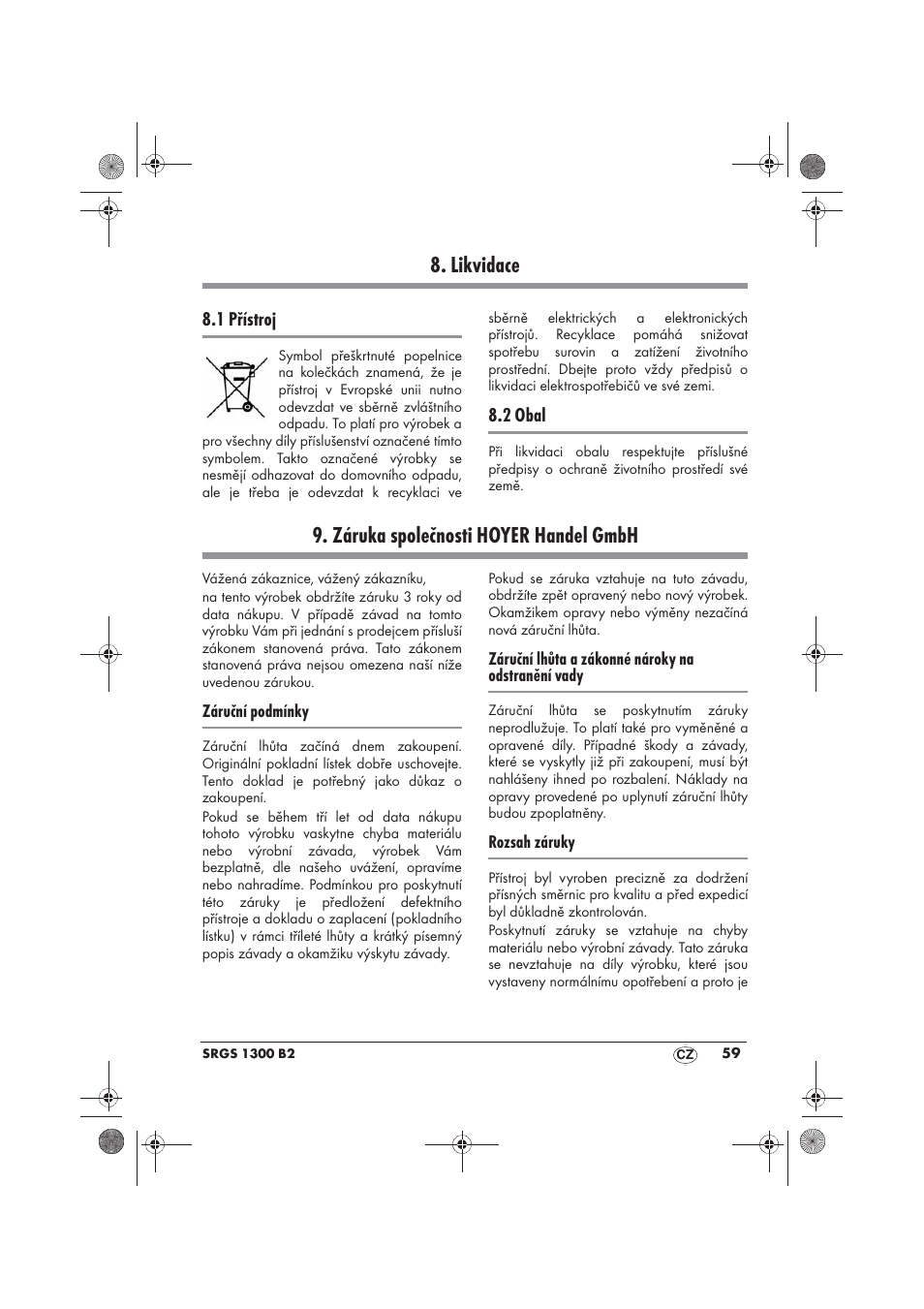 Likvidace, Záruka společnosti hoyer handel gmbh | Silvercrest SRGS 1300 B2 User Manual | Page 61 / 86