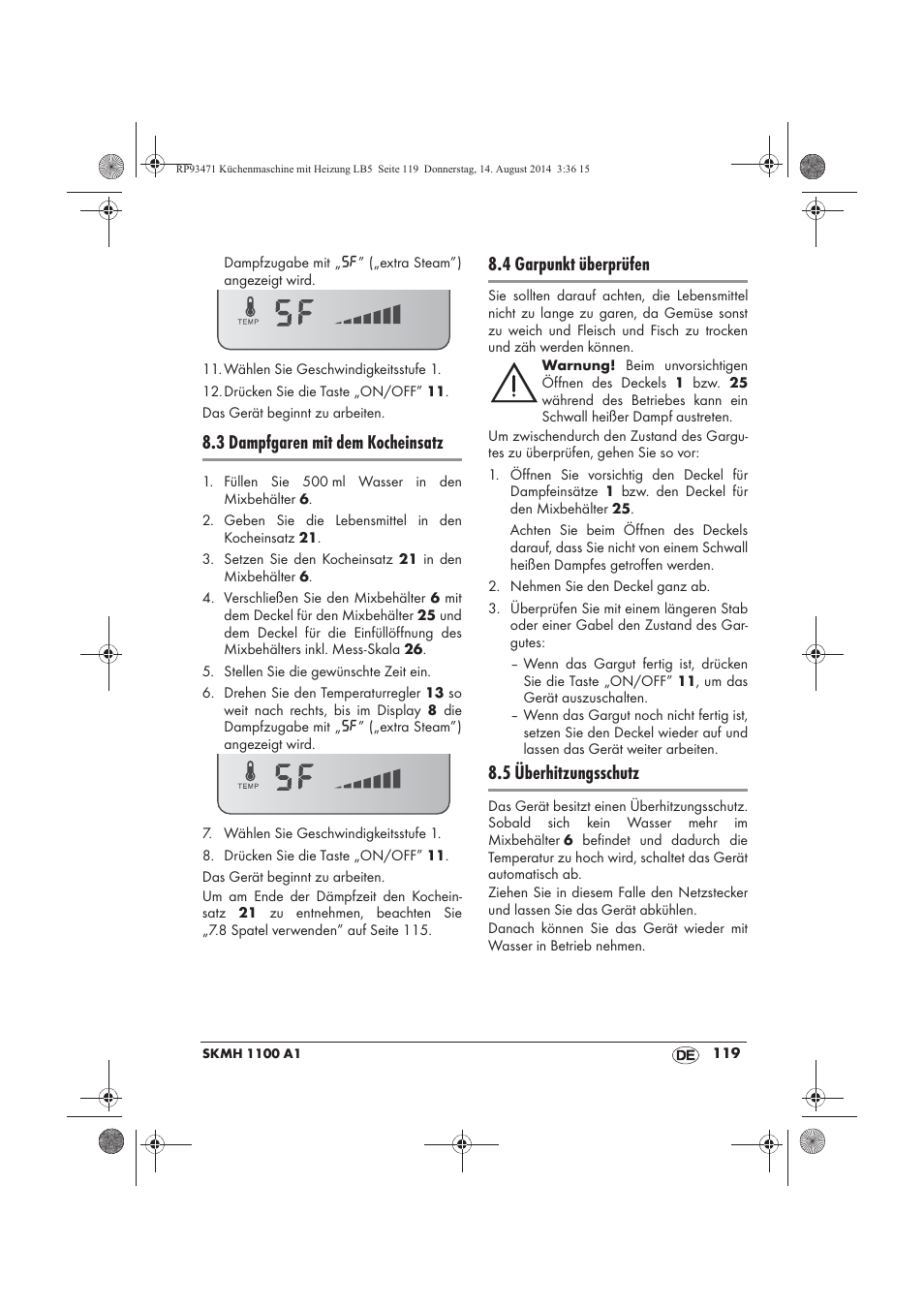 3 dampfgaren mit dem kocheinsatz, 4 garpunkt überprüfen, 5 überhitzungsschutz | Silvercrest SKMH 1100 A1 User Manual | Page 121 / 130