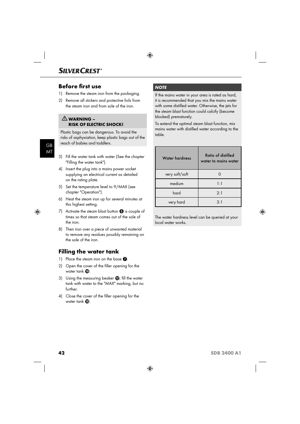 Before ﬁ rst use, Filling the water tank | Silvercrest SDB 2400 A1 User Manual | Page 45 / 63