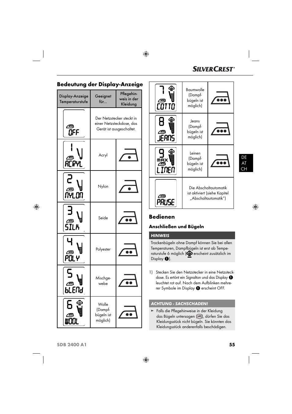 Bedeutung der display-anzeige, Bedienen | Silvercrest SDB 2400 A1 User Manual | Page 58 / 63