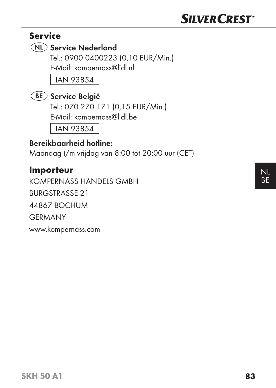 Service, Importeur | Silvercrest SKH 50 A1 User Manual | Page 86 / 101